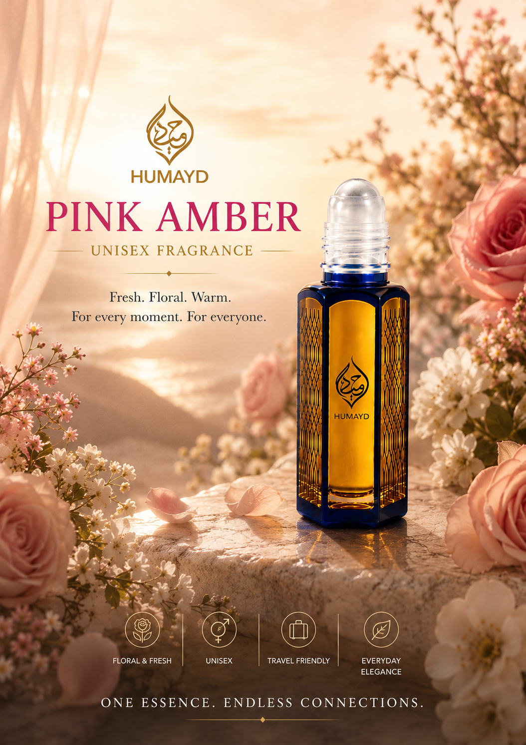 HUMAYD Pink Amber Perfume Oil Unisex | Arabian Roll-On Floral Musk Fragrance 6ml