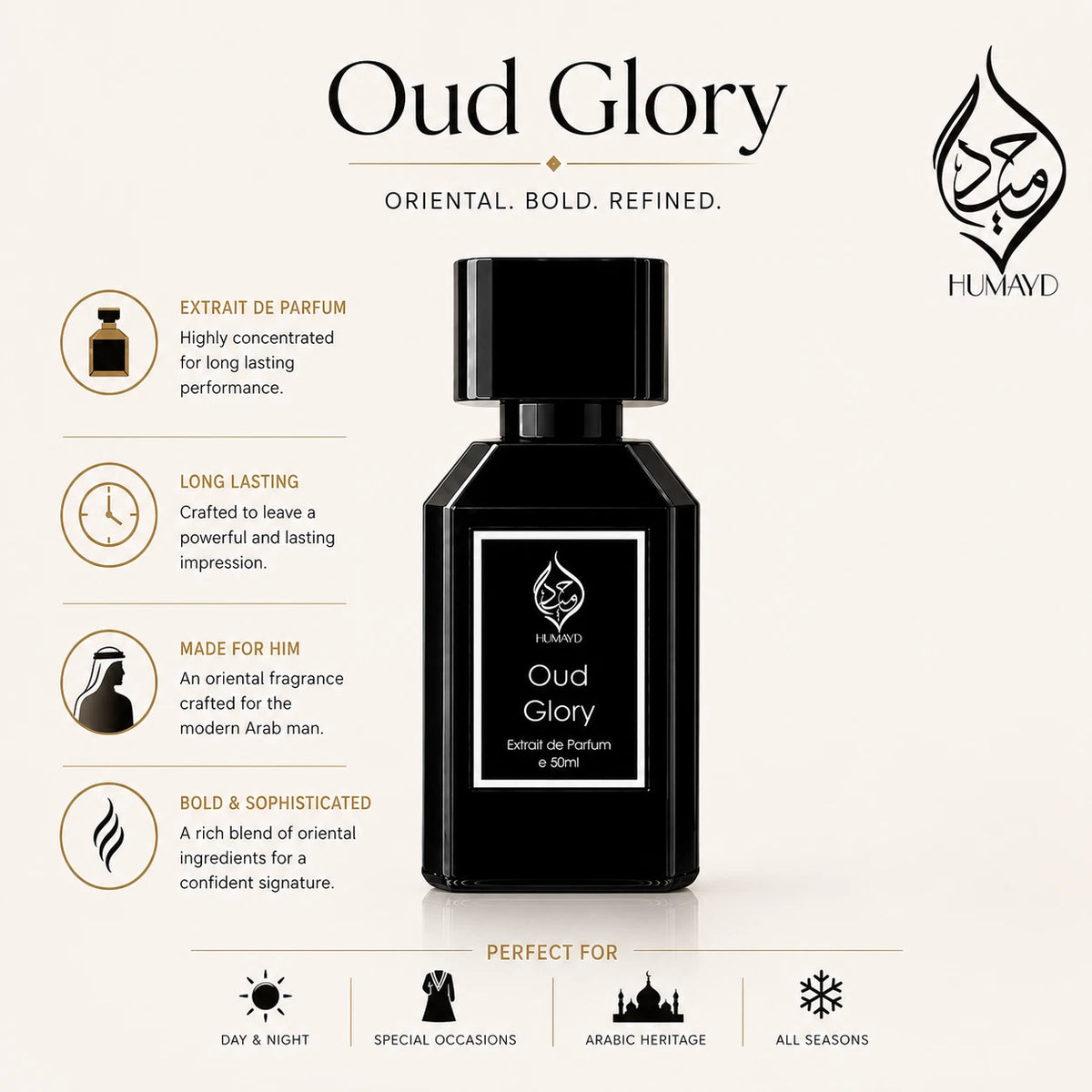 HUMAYD Oud Glory Extrait de Parfum Men | Arabian Woody Spicy Oud 50ml