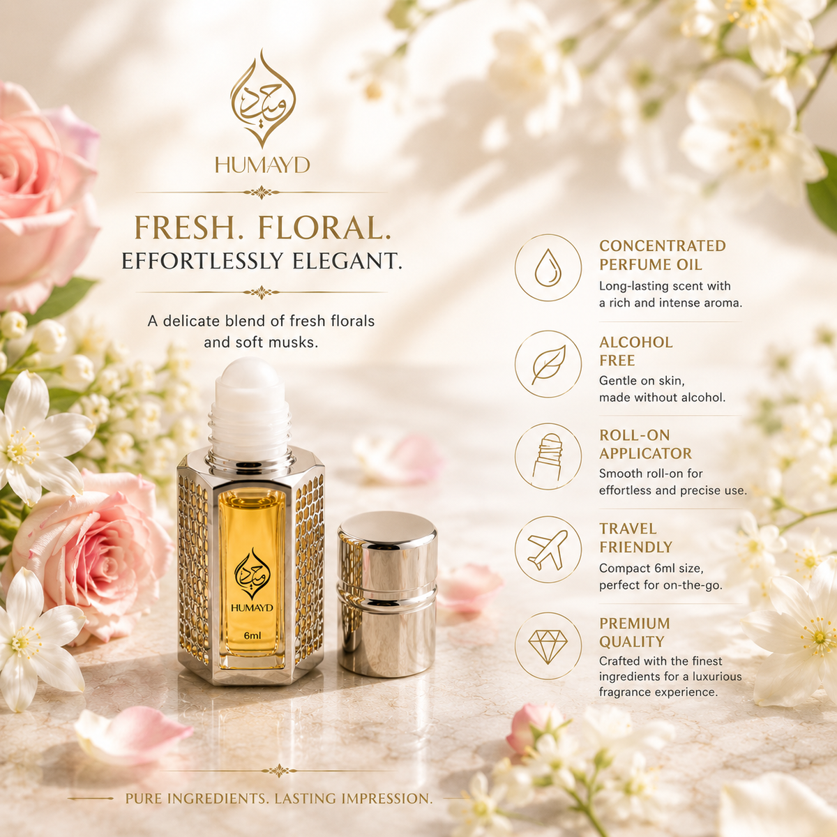 HUMAYD Arba Wardat Perfume Oil Unisex | Fresh Floral Fragrance Attar 6ml