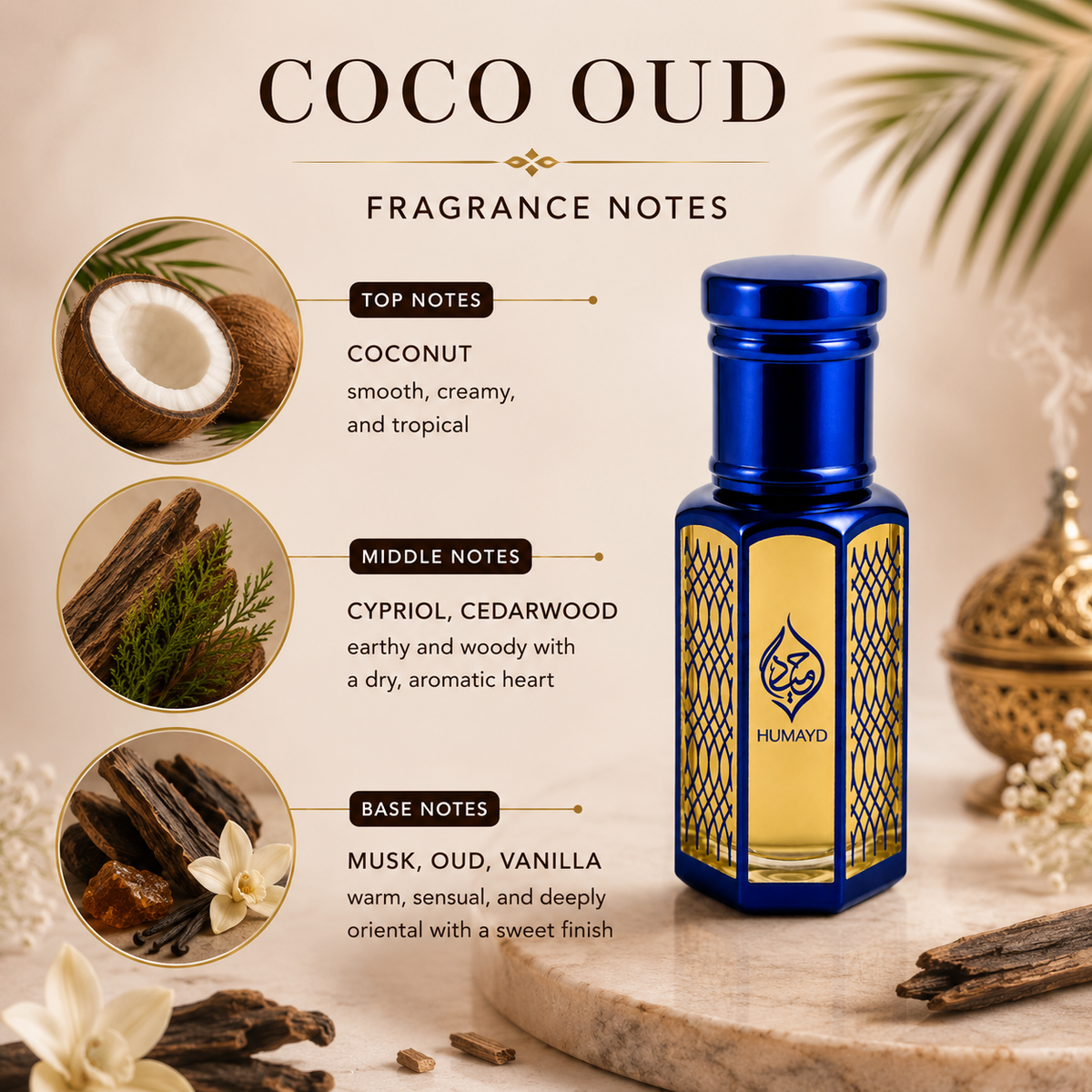 HUMAYD Coco Oud Perfume Oil Unisex | Arabian Coconut Attar Alcohol-Free 6ml