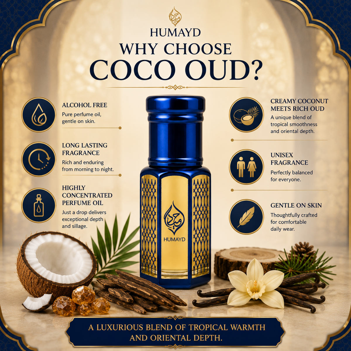 HUMAYD Coco Oud Perfume Oil Unisex | Arabian Coconut Attar Alcohol-Free 6ml