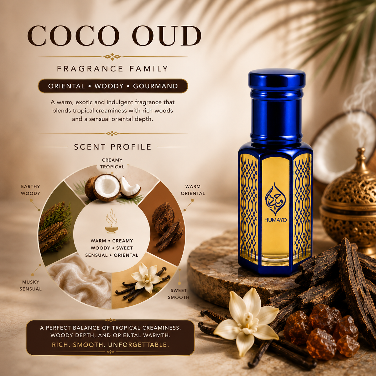 HUMAYD Coco Oud Perfume Oil Unisex | Arabian Coconut Attar Alcohol-Free 6ml
