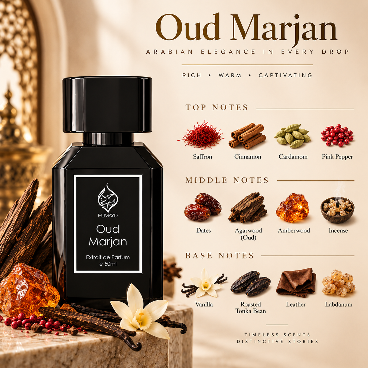 HUMAYD Oud Marjan Extrait de Parfum Unisex | Arabian Perfume Fragrance 50ml