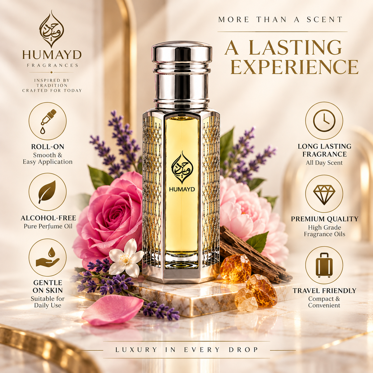 HUMAYD Oud Roses Perfume Oil Unisex | Roll On Alcohol Free Fragrance 6ml