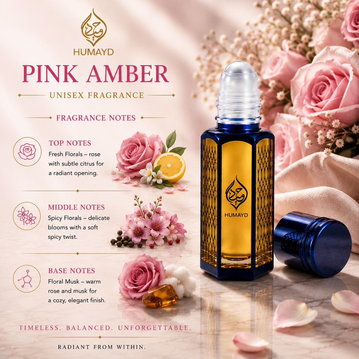 HUMAYD Pink Amber Perfume Oil Unisex | Arabian Roll-On Floral Musk Fragrance 6ml