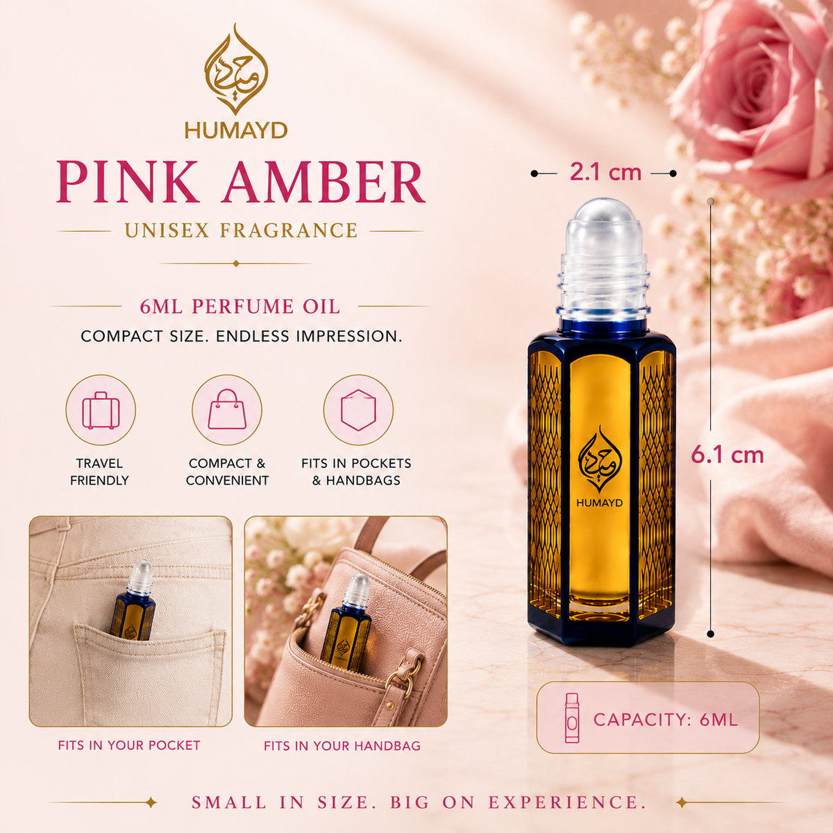 HUMAYD Pink Amber Perfume Oil Unisex | Arabian Roll-On Floral Musk Fragrance 6ml