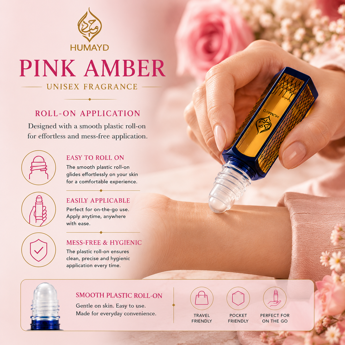HUMAYD Pink Amber Perfume Oil Unisex | Arabian Roll-On Floral Musk Fragrance 6ml
