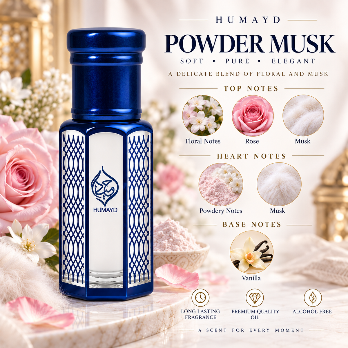HUMAYD Powder Musk Perfume Oil Unisex | Thick Musk Attar Alcohol Free Scent 6ml