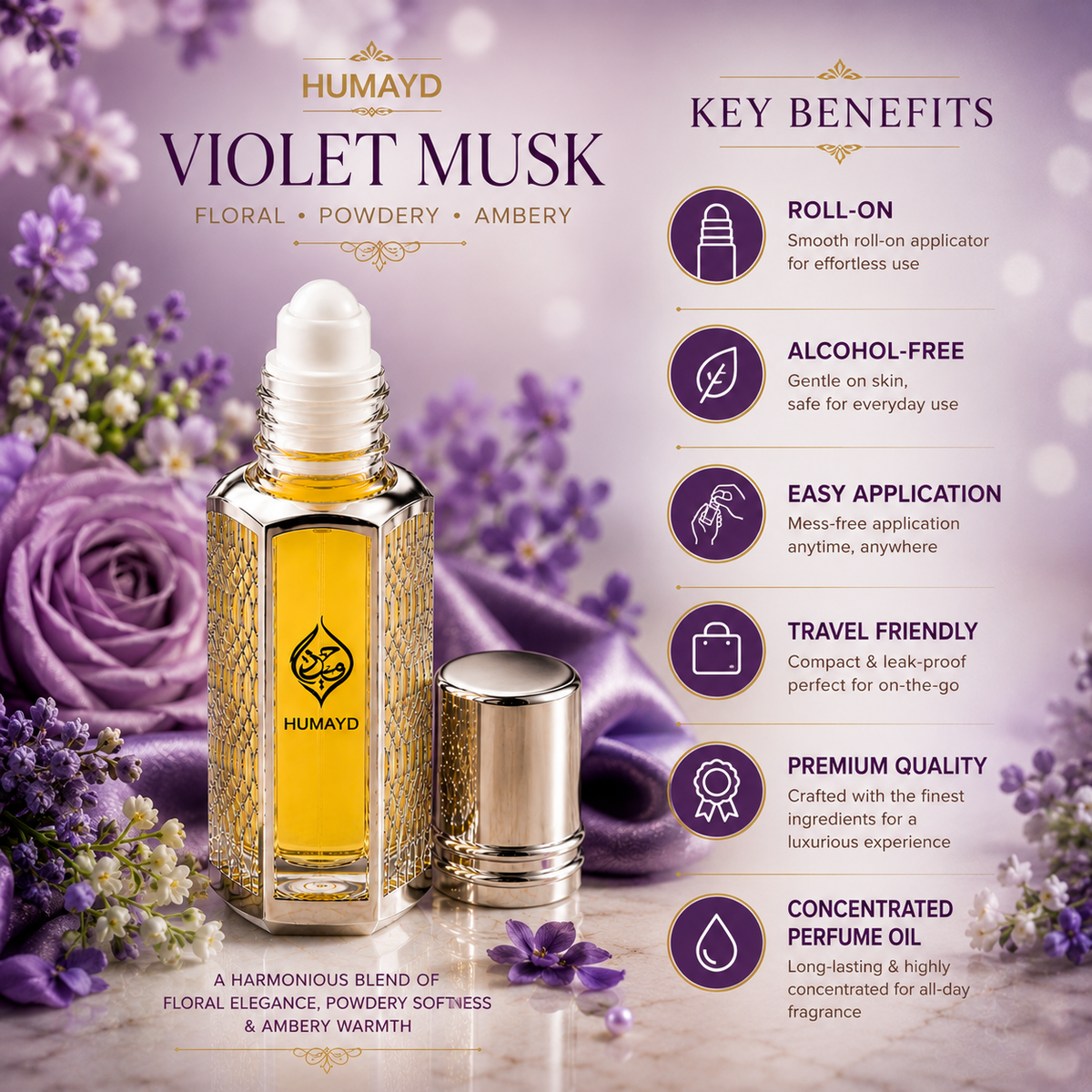 HUMAYD Violet Musk Perfume Oil Unisex | Alcohol Free Roll On Fragrance 6ml