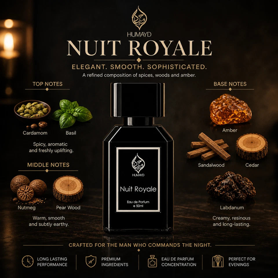 Nuit Royale Eau De Parfum Men's Oud Perfume Woody Arabian Niche by Humayd 50ml
