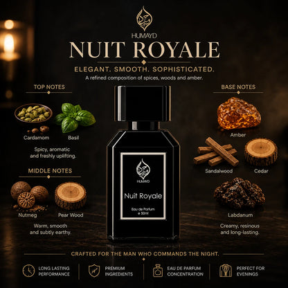 Nuit Royale Eau De Parfum Men's Oud Perfume Woody Arabian Niche by Humayd 50ml