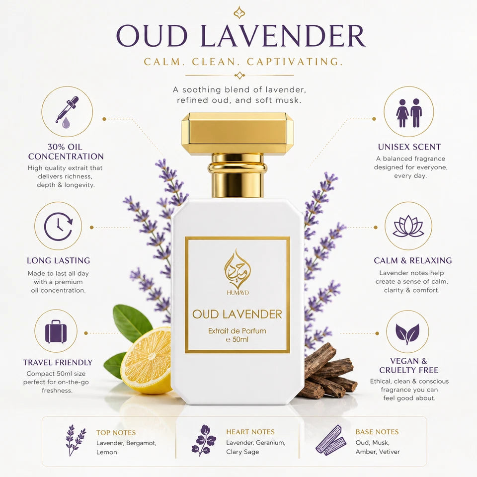 Oud Lavender Extrait de Parfum Spicy Aromatic Oud Unisex Perfume by Humayd 50ml