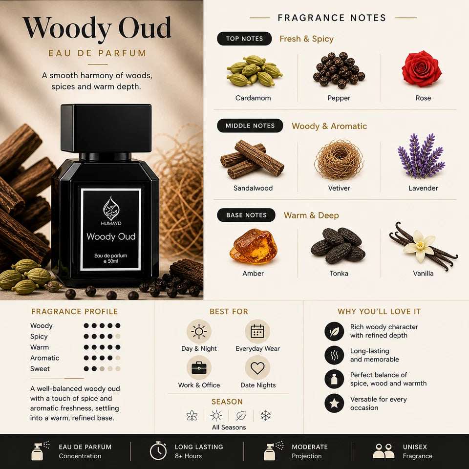 Woody Oud Perfume for Men Long Lasting Oud Fragrance EDP Spray by Humayd 50ml