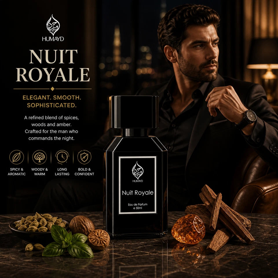 Nuit Royale Eau De Parfum Men's Oud Perfume Woody Arabian Niche by Humayd 50ml