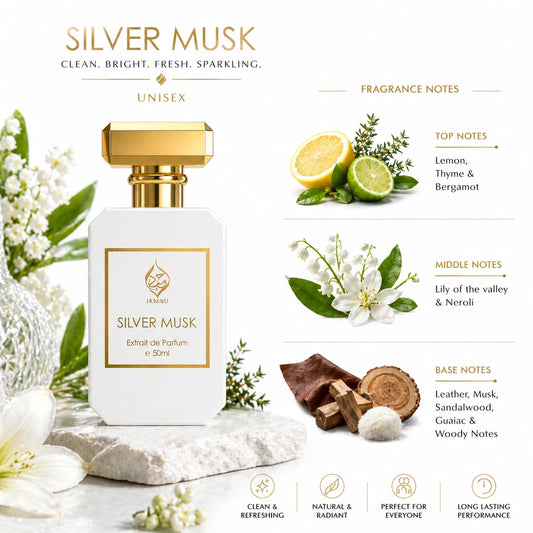 Silver Musk Extrait de Parfum Unisex Floral Citrus Musk Perfume by Humayd 50ml