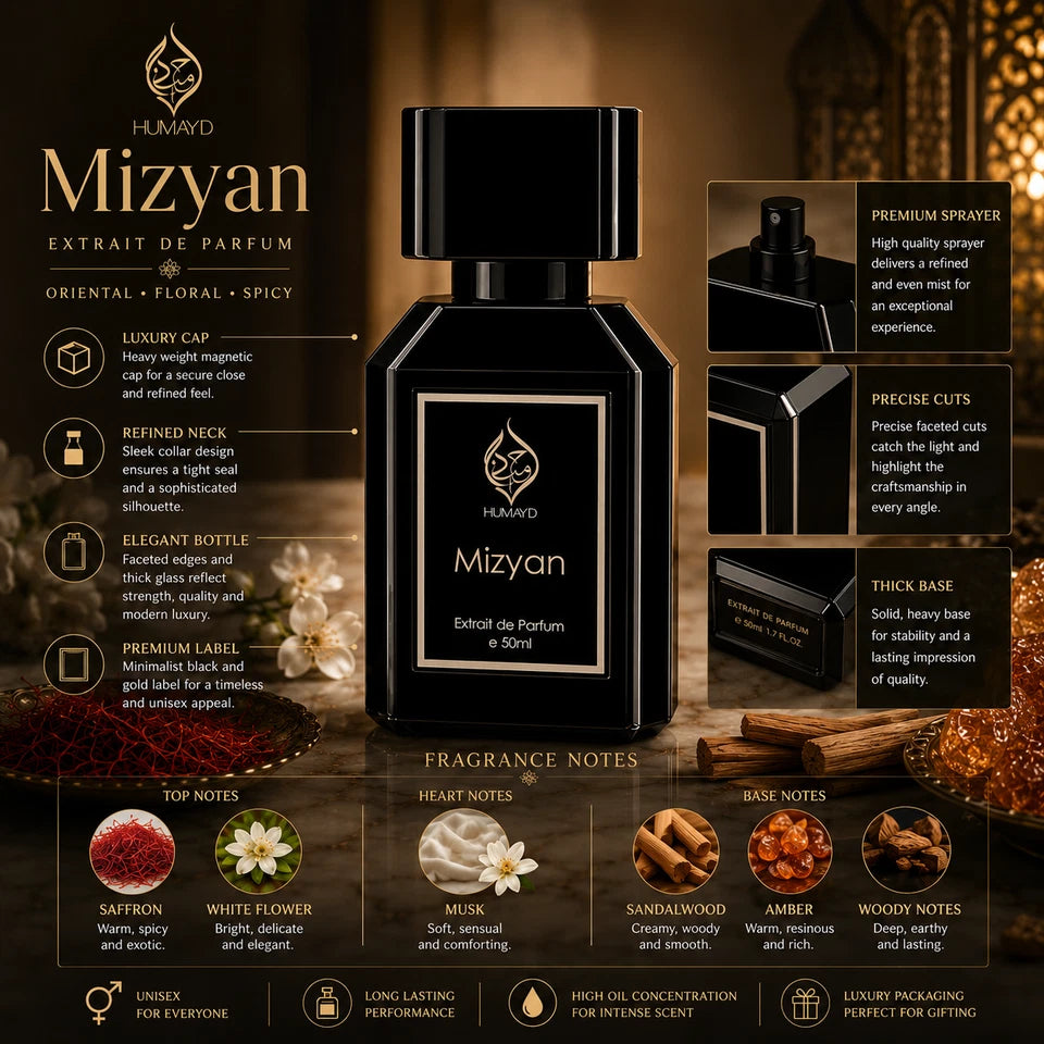 Mizyan Arabian Perfume Unisex OrientalLong Lasting Extrait de Parfum Humayd 50ml