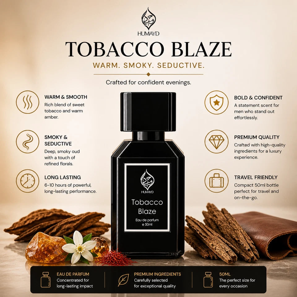 Tobacco Blaze Mens Perfume Arabian Tobacco Leather Oud Perfume Spray Humayd 50ml