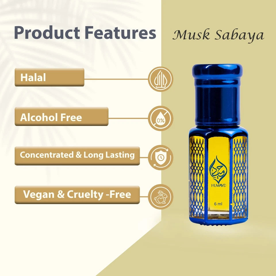 Musk Sabaya Perfume Oil by Humayd Floral Arabian Attar Alcohol Free Roll on 6ml