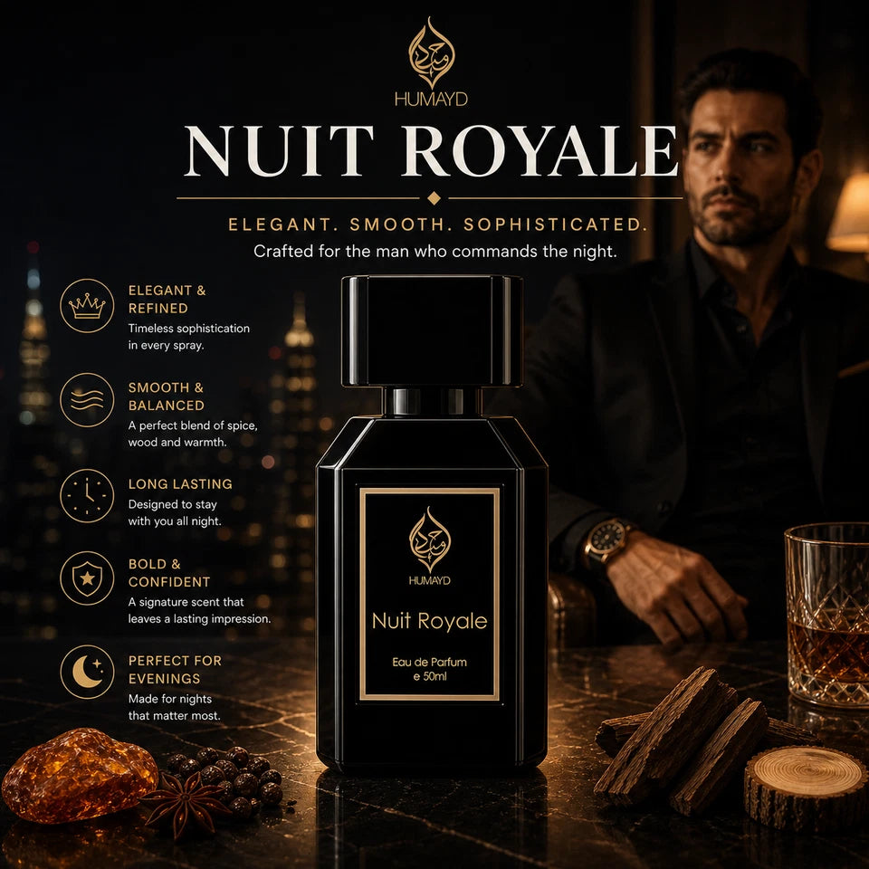 Nuit Royale Eau De Parfum Men's Oud Perfume Woody Arabian Niche by Humayd 50ml