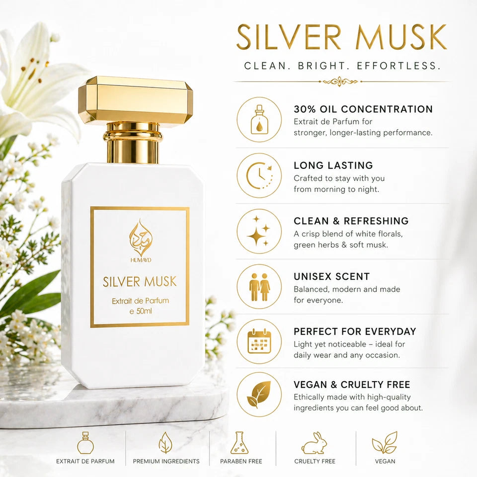 Silver Musk Extrait de Parfum Unisex Floral Citrus Musk Perfume by Humayd 50ml