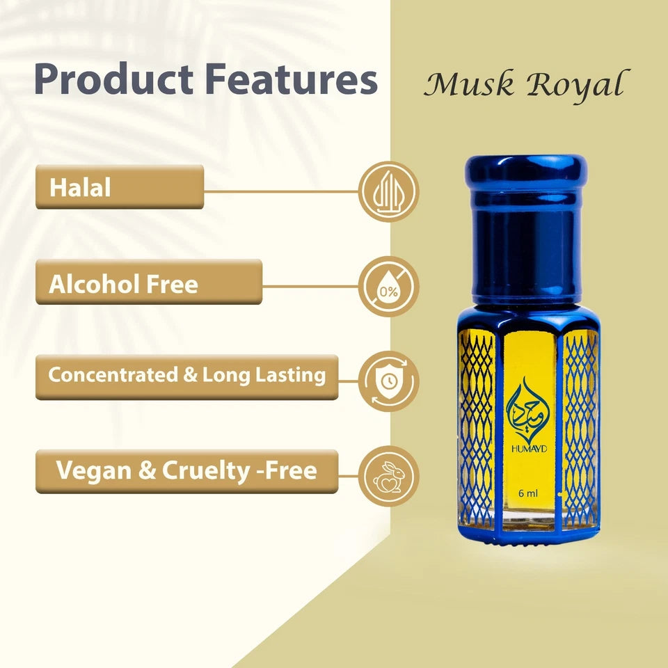 Musk Royal Perfume Oil by Humayd Woody Arabian Attar Alcohol Free Fragrance 6ml