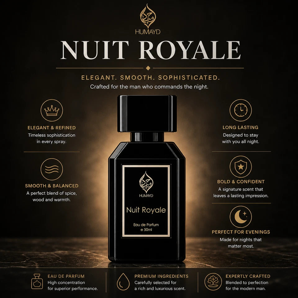 Nuit Royale Eau De Parfum Men's Oud Perfume Woody Arabian Niche by Humayd 50ml
