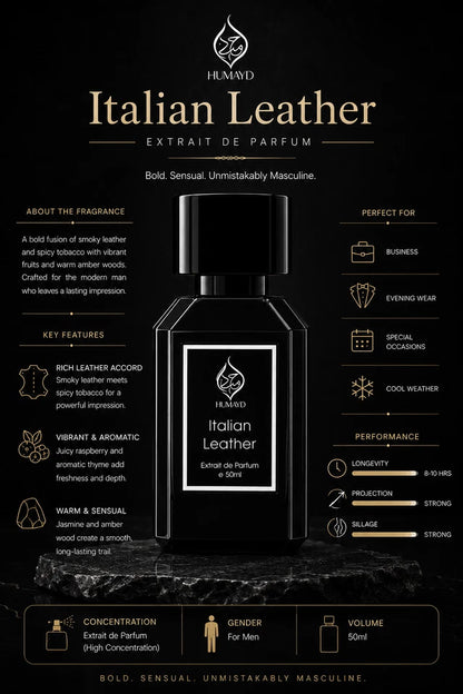 Italian Leather Tobacco Leather Mens Fragrance Extrait de Parfum Humayd 50ml